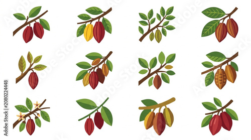 Obraz na płótnie Collection of Cocoa Pods on Branches with Leaves.