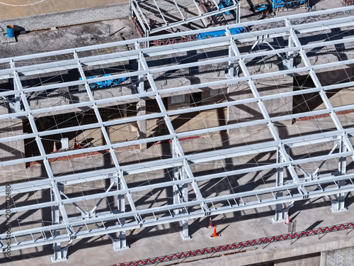 Aerial view of steel frame construction for an airport industrial building