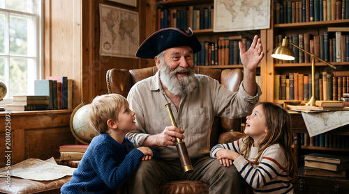 An elderly grandfather wearing a captain hat tells exciting adventure stories to his two grandchildren in a cozy vintage home library.