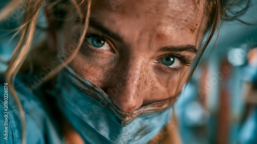 A dramatic extreme close-up portrait of a tired healthcare worker with freckles and intense eyes, wearing a dirty, sweat-stained blue medical mask.
