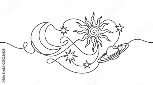 Fotografi Cosmic Dreamscape: Sun, Moon, Stars, and Saturn in Continuous Line Art