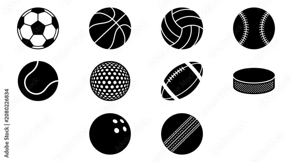 Obraz premium Various sports ball icons collection in black silhouette style.