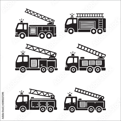 Fire Truck Icon Set with Aerial Ladder, Emergency Fire Engine Collection, Firefighting Vehicle Silhouette Vector Pack