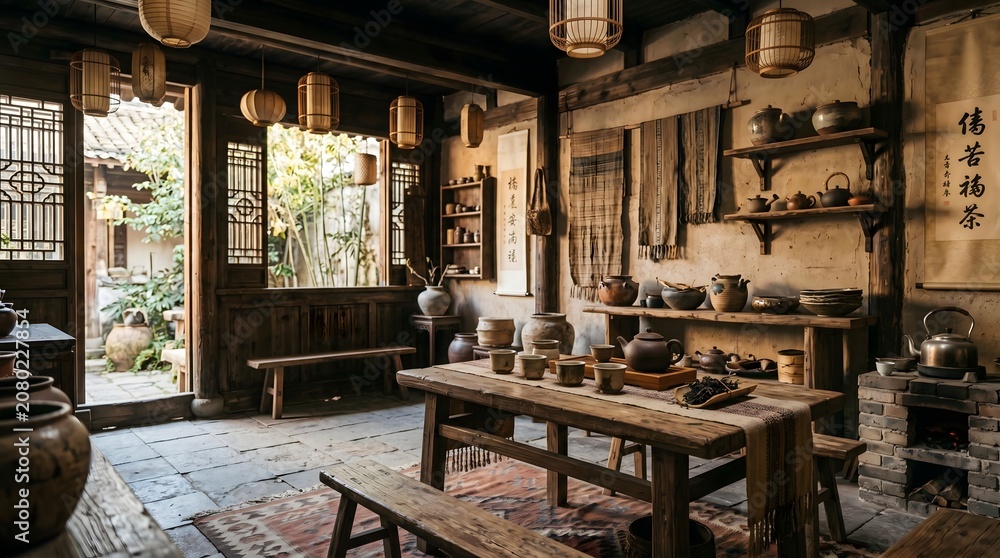 Fototapeta premium Traditional Ancient Chinese Tea Room with Wooden Furniture and Teaware