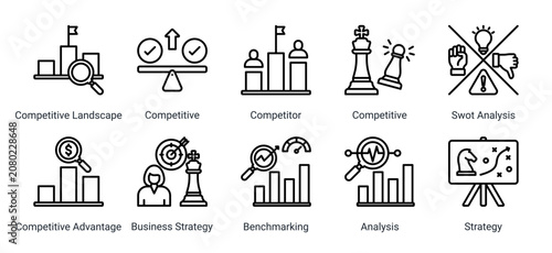 Fotografie Competitive Strategy icon set featuring competitor evaluation,strategic analysis,benchmarking,competitive advantage,and business performance assessment