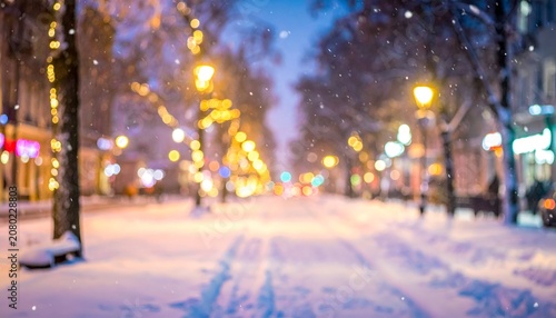 Snowy street scene at night with glowing streetlights and falling snow.