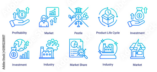 Fotografie Competitive Strategy icon set featuring competitor evaluation,strategic analysis,benchmarking,competitive advantage,and business performance assessment
