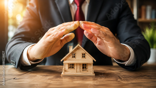 Man's hands sheltering small wooden house during warm sunlight conceptualizing home protection and security