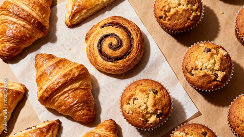 Картината върху платно Top-down view of assorted pastries on parchment paper