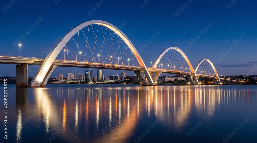 Fototapeta premium A stunning night view of the Juscelino Kubitschek Bridge in Brasilia, featuring illuminated asymmetrical arches reflecting on the calm lake water against a starry blue sky.