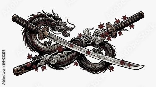 Fotografie Detailed black and white illustration of a dragon skeleton.