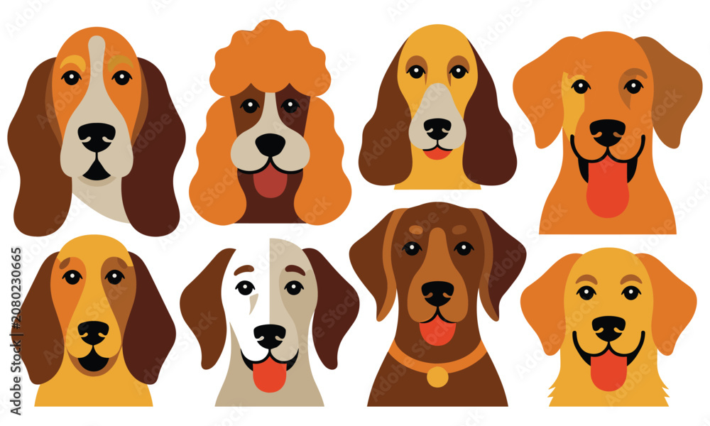 Obraz premium Vibrant collection of eight stylized dog portraits featuring various breeds with colorful flat vector art designs on white background