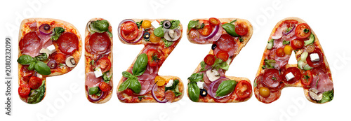 Pizza text word of delicious italian food