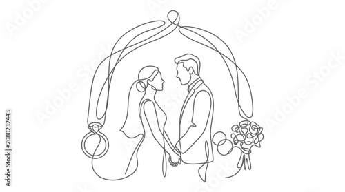 Bild auf Leinwand Elegant Line Art of a Bride and Groom Under an Archway, Wedding Vows