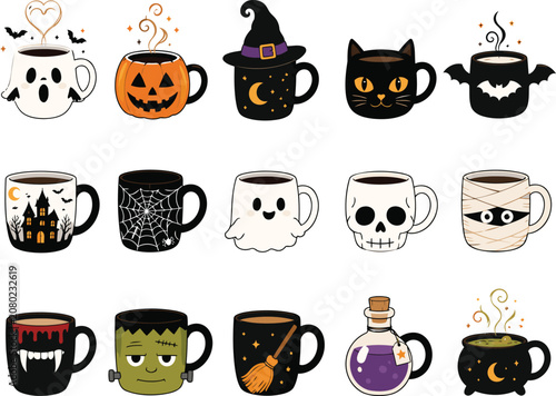 Cute Halloween Coffee Mug Clipart Set with Ghost Pumpkin Witch Black Cat and Spooky Cups Vector