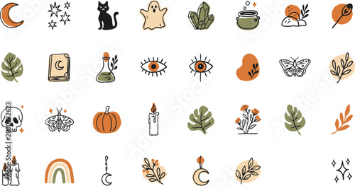 Minimal Halloween Boho Doodle Clipart Set with Moon Ghost Pumpkin Witch Magic Vector Collection