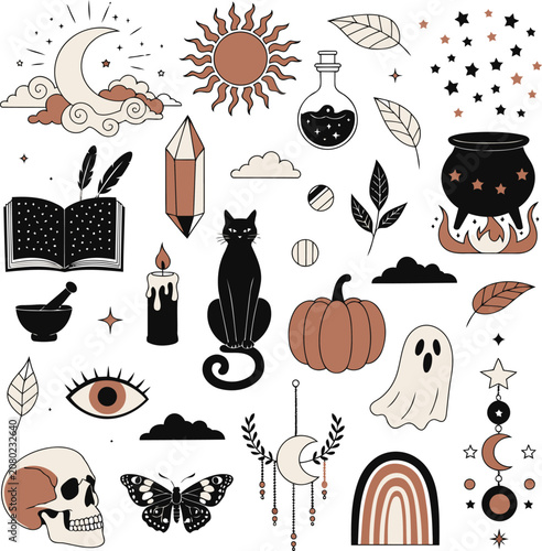 Mystical Boho Halloween Clipart Collection with Black Cat Pumpkin Skull Moon and Witchcraft Elements