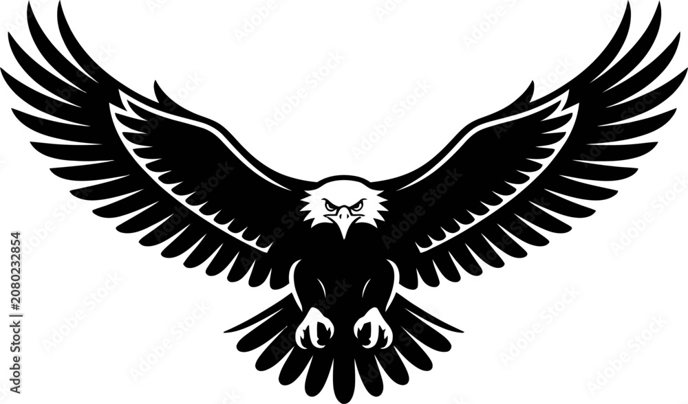 Fototapeta premium Black silhouette of an eagle with outstretched wings flying downwards