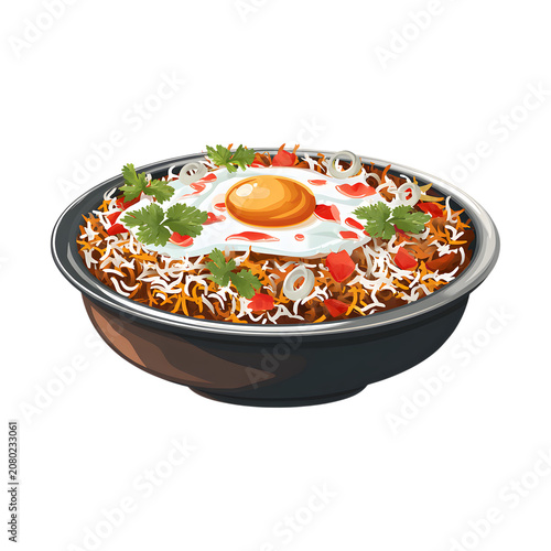 Spicy chicken biryani with fried egg topping