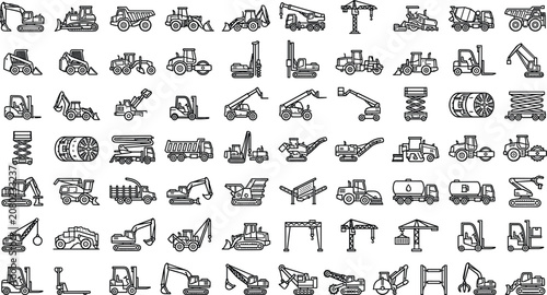 Commercial building equipment linear icon collection featuring scissor lifts dump trucks road rollers backhoes and engineering transport outlines