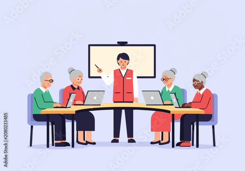Senior citizens learning computer skills in a classroom workshop
