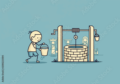 Φωτογραφία Community members fetching fresh water from a stone village well
