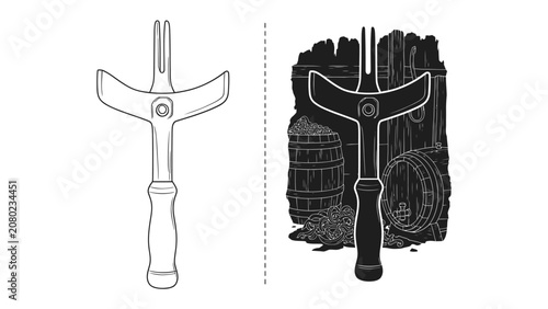 Принти на полотні Coopers' Tool and Barrels Illustration: A detailed illustration showcasing a traditional cooper's tool, used for barrel making