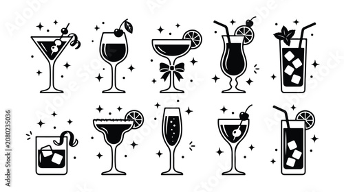 Cuadro en lienzo Elegant cocktail glass icon set, 10 black and white vector illustrations of clas