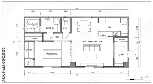 Foto Comprehensive architectural floor plan of a modern apartment unit including livi