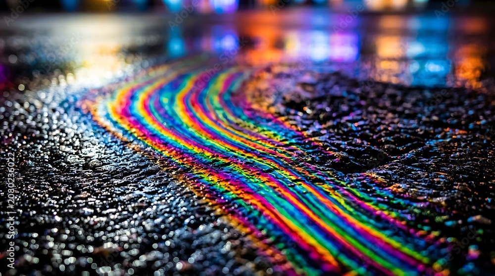 Naklejka premium Iridescent oil spill on wet asphalt, rainbow gasoline puddle on dark street, colorful chemical fluid leak on rainy road