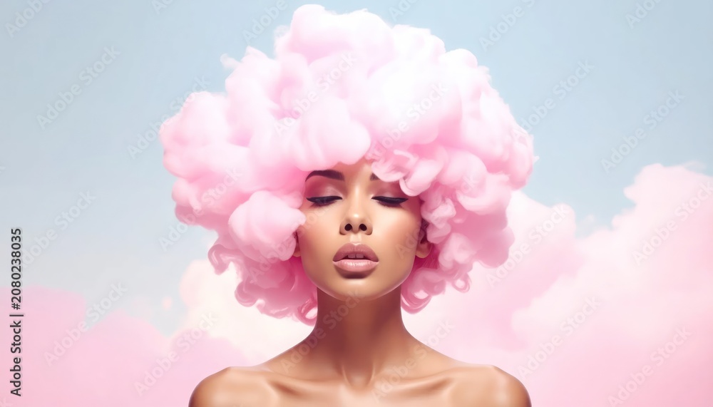 Naklejka premium A woman with closed eyes, her head framed by fluffy pink clouds against a soft sky
