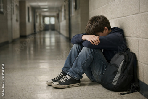 Sad schoolboy sitting alone in an empty hallway, expressing loneliness, bullying, and emotional distress in an educational environment.