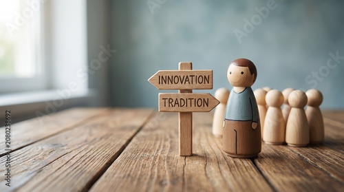 Concept of business choice with wooden figure standing next to a signpost pointing towards innovation and tradition, symbolizing strategic decision making and progress.