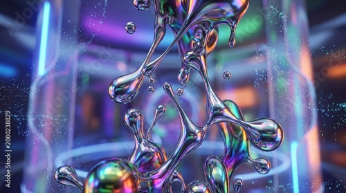 Abstract iridescent liquid metal droplets floating in futuristic neon environment
