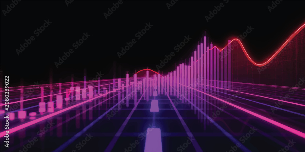 Naklejka premium Title: Purple Neon Trading Chart with Digital Skyline, Financial Analytics Dashboard, Stock Market Data Visualization Background