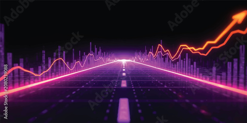 Futuristic Neon Financial Highway with Rising Stock Market Graph, Digital Trading Data Visualization, Cyber Investment Growth Background