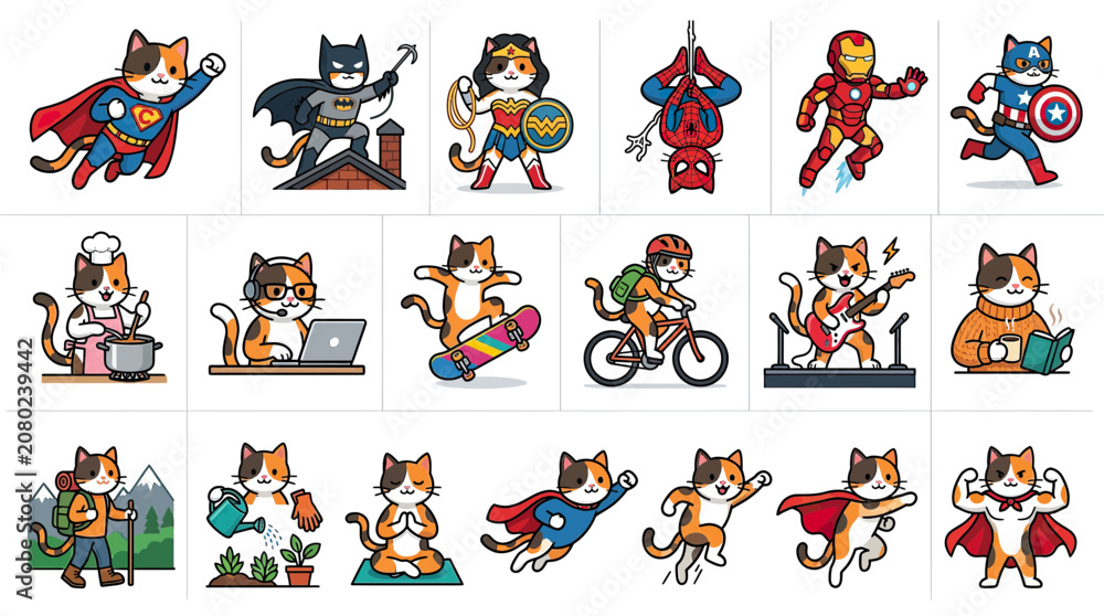 Obraz premium Cute Cat Characters: Superheroes, Musicians, Cyclists & More