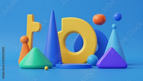 Colorful 3D Geometric Shapes Composition on Blue Background