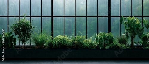 Lush Greenhouse Interior with Diverse Plants and Glass Structure