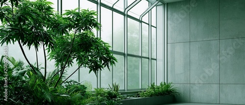 Modern Glass Greenhouse with Lush Green Plants and Clean Aesthetic
