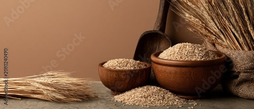 Golden Grains of Rice in Wooden Bowls with Background Elements