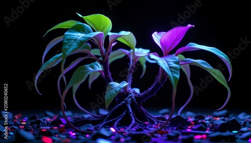 A small plant with broad, vibrant green and purple tinged leaves is emerging from dark, rich soil. The plant's roots and stems are visible, twisting outward in a complex pattern
