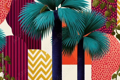 Vertical tropical botanical composition with tall palm trunks and fan leaves for boho wallpaper and poster design
