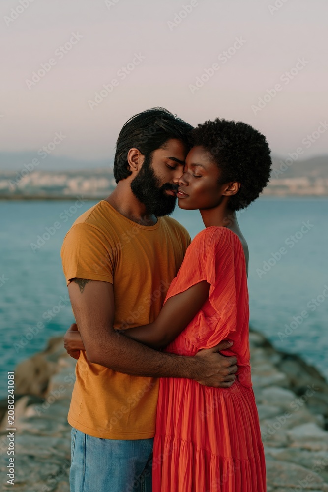 Fototapeta premium Tender interracial couple hugging on a seaside jetty background for poster and banner design, intimate romantic portrait for lifestyle use