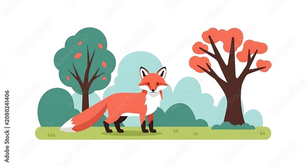Fototapeta premium Red fox standing in a forest landscape foxy vector design