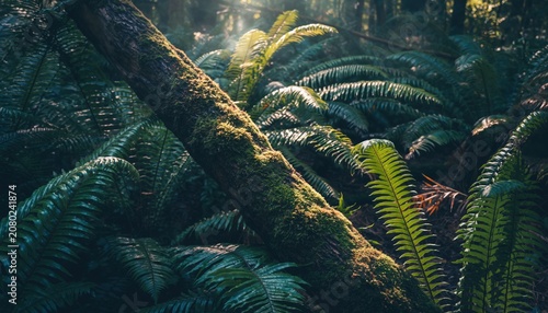 Lush green ferns and mossy tree trunk in a sunlit temperate rainforest