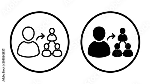 Quadro su tela Organizational Hierarchy Icons: Two circular icons depicting a leader and their subordinate structure, one in outline and the other in silhouette, representing management and team building
