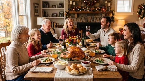 Family gathers around dinner table for Thanksgiving feast at home