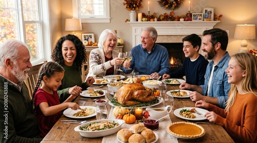 Family gathers around dinner table enjoying Thanksgiving meal together indoors