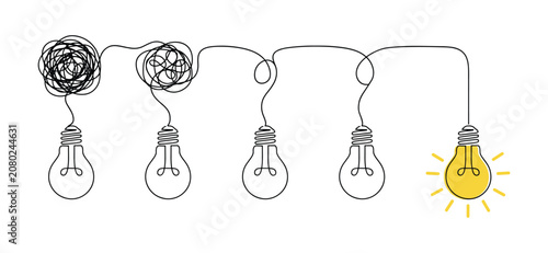 Photos The Path to Illumination: A series of light bulbs connected by a tangled wire gradually unfurls to a single, brightly lit bulb, symbolizing the journey from confusion to a brilliant idea